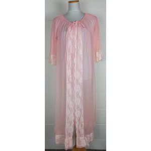 Vintage Gaymode‎ Pink Chiffon Peignoir Sheer Robe Negligee w. White Lace